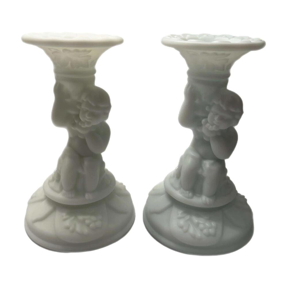 Set of 2 Vintage Imperial Glass Cherub Grape White Milk Glass Candle Holder